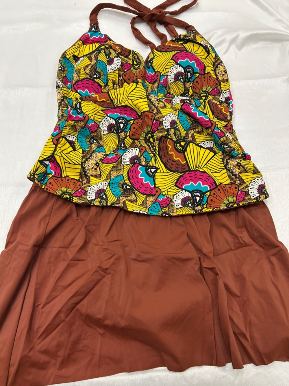 Susan Graver Multicolor Printed Swim A-Line with Brown Skirt